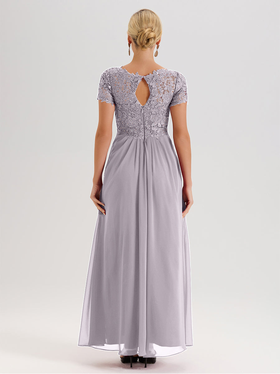 Cicinia Tenue Mère De La Mariée Très Chic Couleur Crépuscule Dentelle Et Mousseline Avec Mancherons Col V Fluide Trapèze