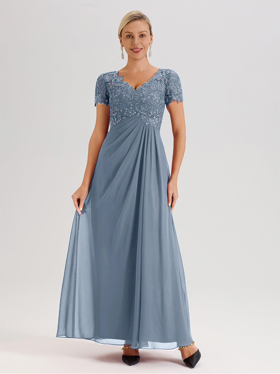Cicinia Tenue Mère De La Mariée Très Chic Bleu Poudré Dentelle Et Mousseline Avec Mancherons Col V Fluide Trapèze