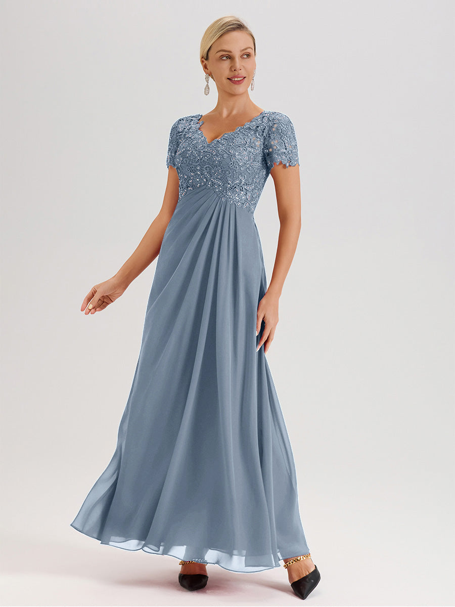 Cicinia Tenue Mère De La Mariée Très Chic Bleu Poudré Dentelle Et Mousseline Avec Mancherons Col V Fluide Trapèze