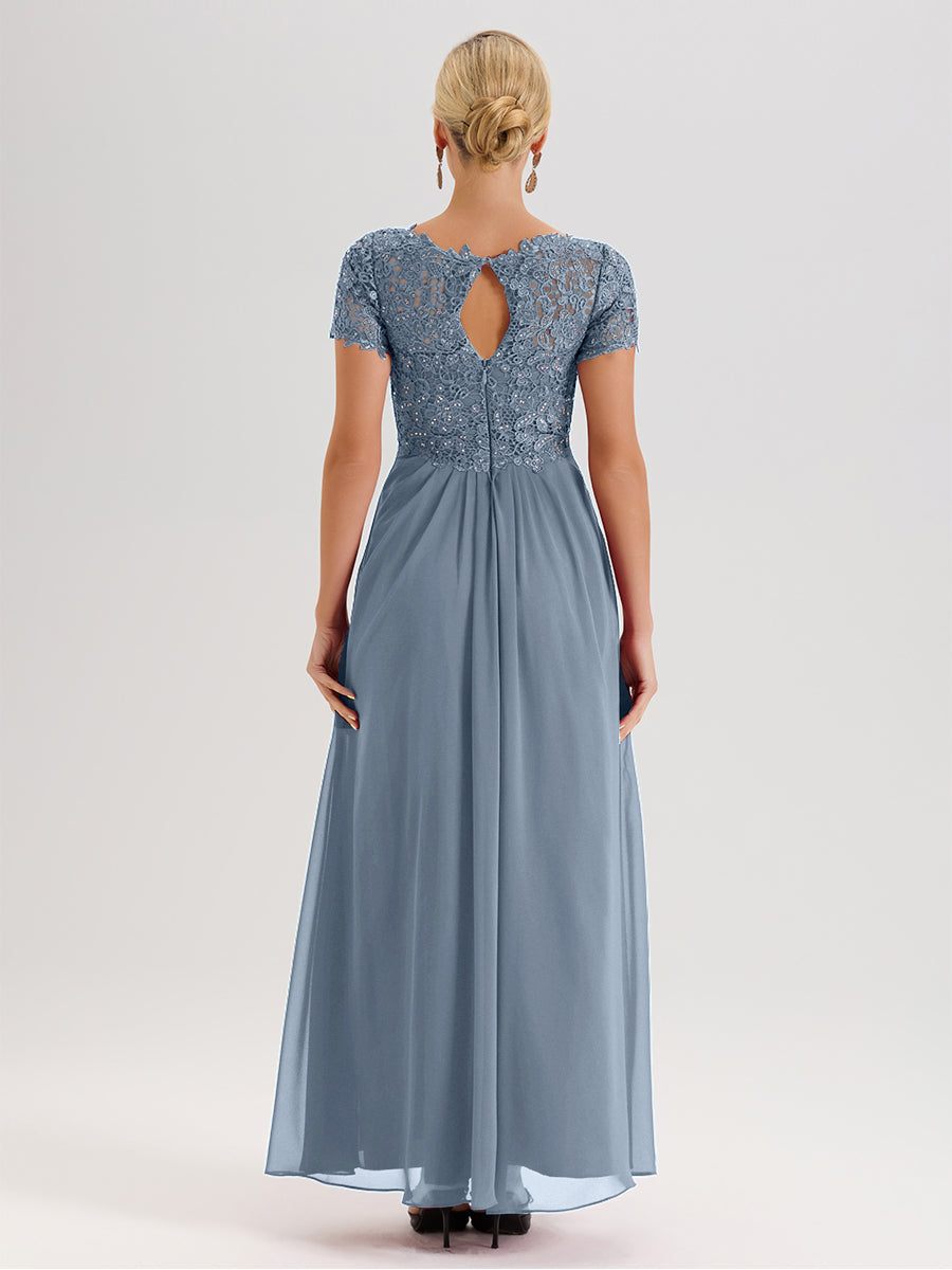Cicinia Tenue Mère De La Mariée Très Chic Bleu Poudré Dentelle Et Mousseline Avec Mancherons Col V Fluide Trapèze