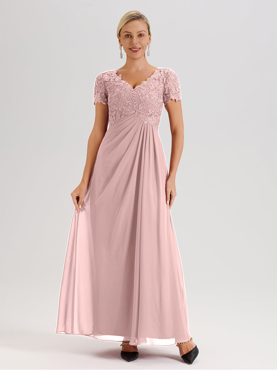 Cicinia Tenue Mère De La Mariée Très Chic Rose Poussiéreux Dentelle Et Mousseline Avec Mancherons Col V Fluide Trapèze