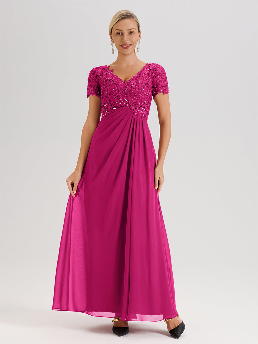 Cicinia Tenue Mère De La Mariée Très Chic Rose Fuchsia Dentelle Et Mousseline Avec Mancherons Col V Fluide Trapèze