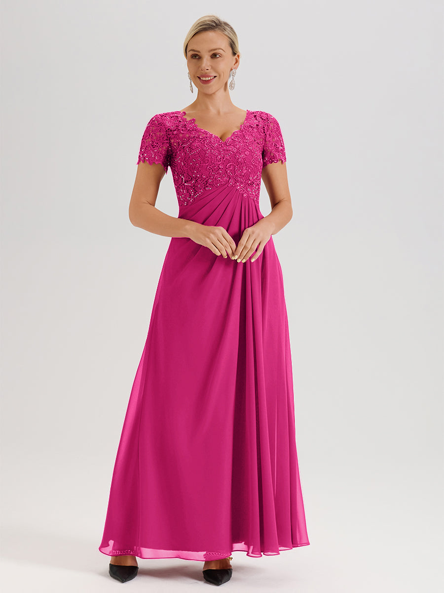 Cicinia Tenue Mère De La Mariée Très Chic Rose Fuchsia Dentelle Et Mousseline Avec Mancherons Col V Fluide Trapèze