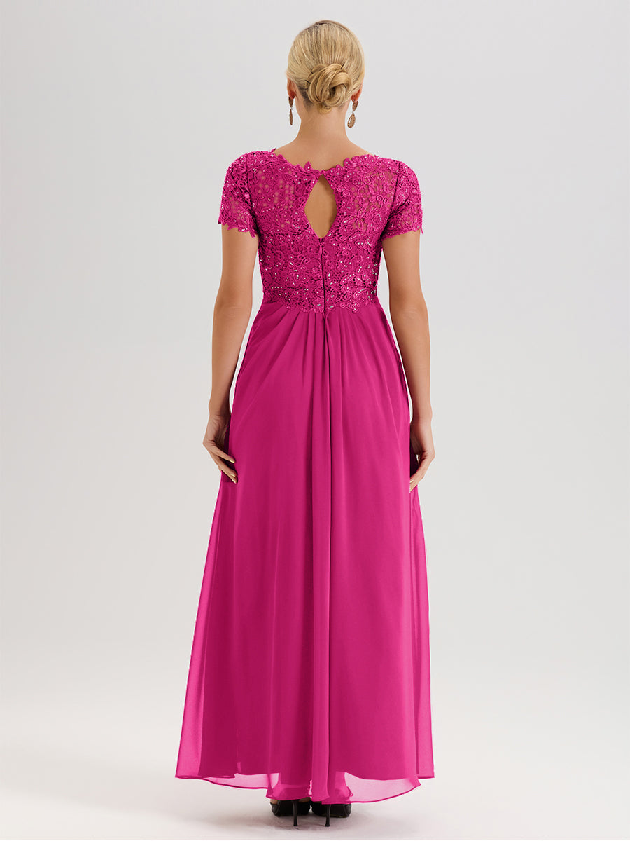 Cicinia Tenue Mère De La Mariée Très Chic Rose Fuchsia Dentelle Et Mousseline Avec Mancherons Col V Fluide Trapèze