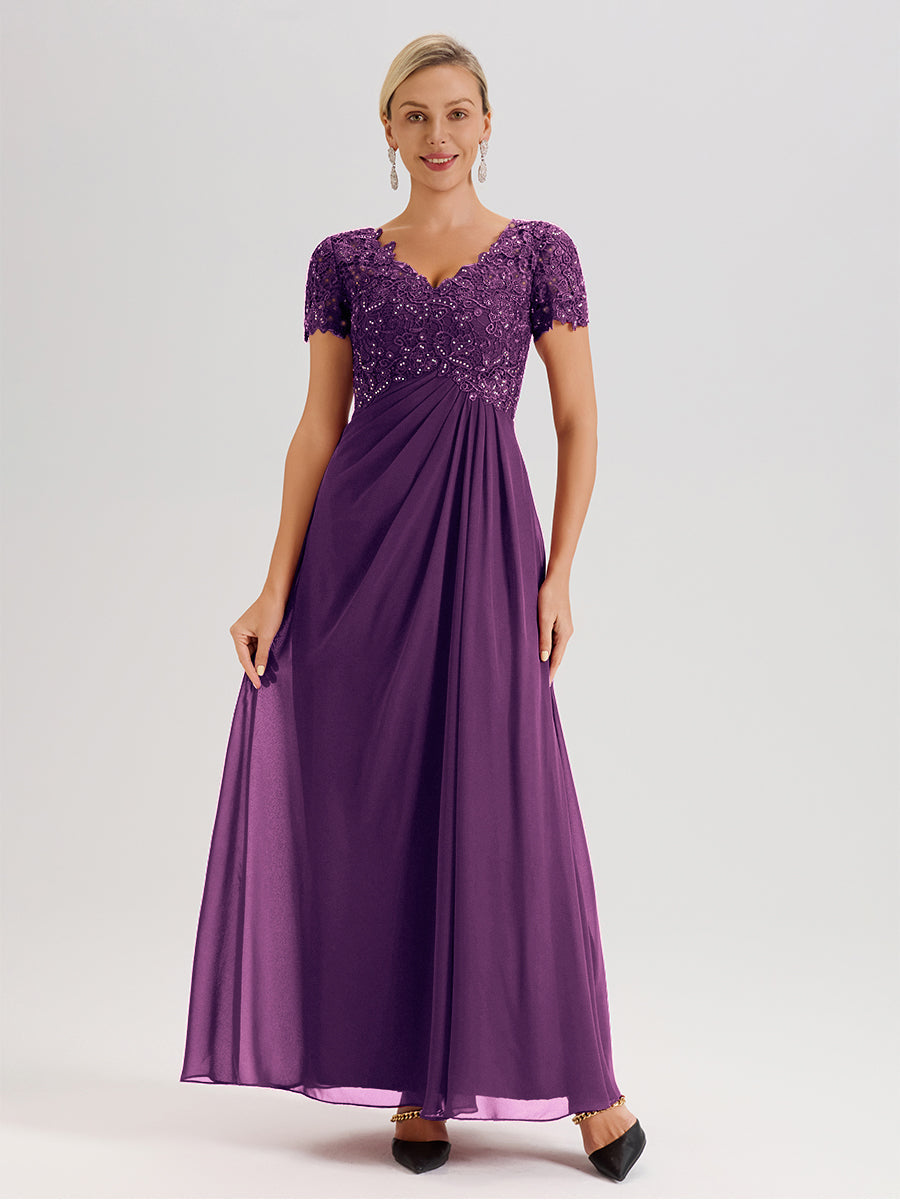 Cicinia Tenue Mère De La Mariée Très Chic En Raisin Dentelle Et Mousseline Avec Mancherons Col V Fluide Trapèze