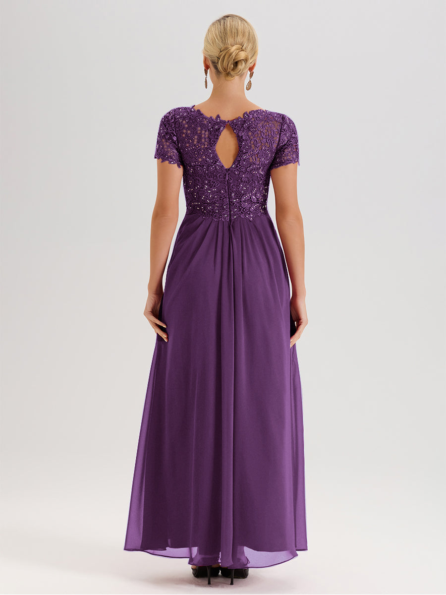 Cicinia Tenue Mère De La Mariée Très Chic En Raisin Dentelle Et Mousseline Avec Mancherons Col V Fluide Trapèze