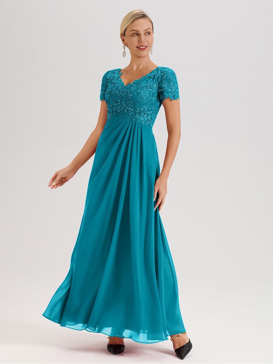 Cicinia Tenue Mère De La Mariée Très Chic Vert Jade Dentelle Et Mousseline Avec Mancherons Col V Fluide Trapèze