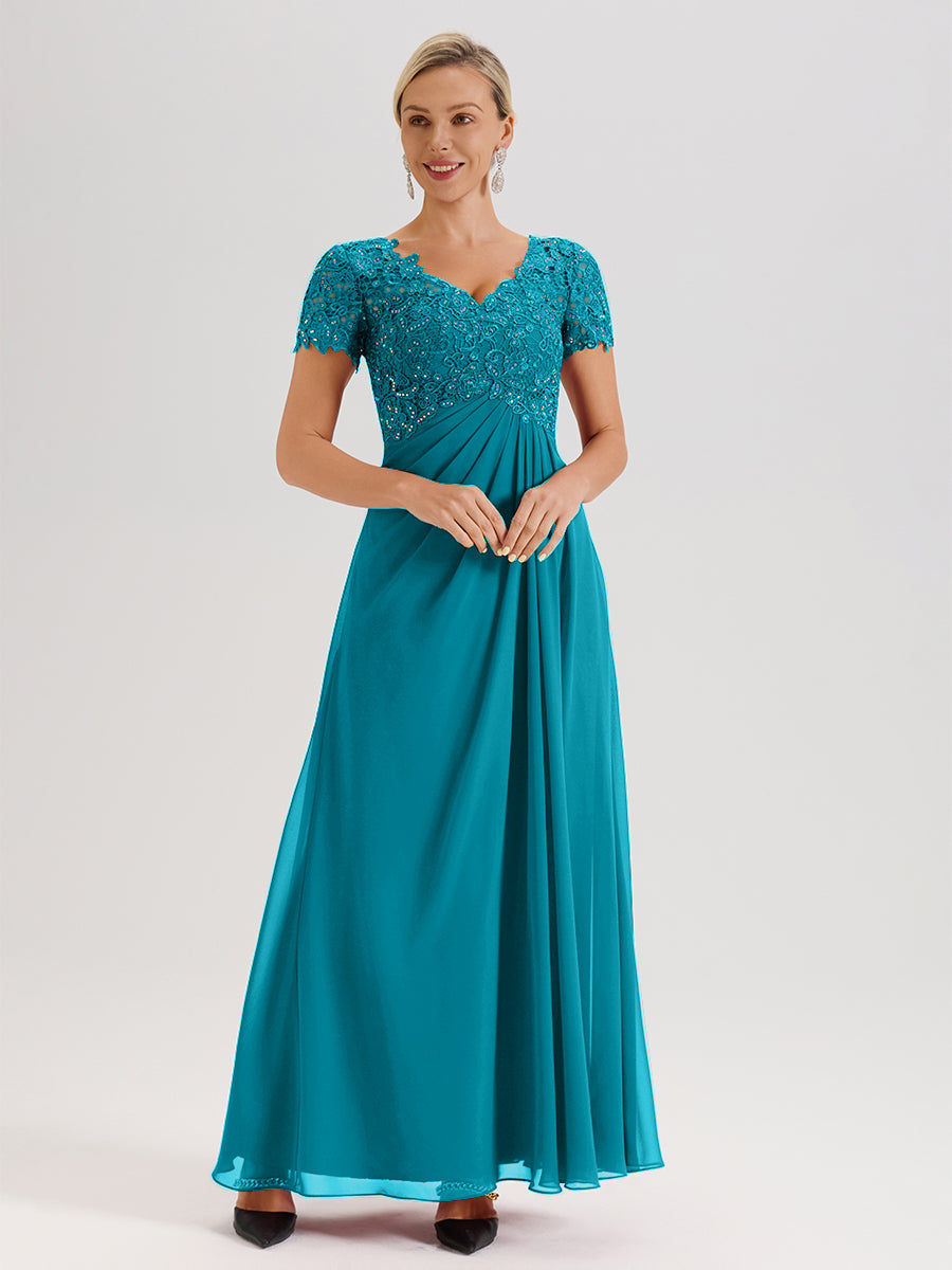 Cicinia Tenue Mère De La Mariée Très Chic Vert Jade Dentelle Et Mousseline Avec Mancherons Col V Fluide Trapèze