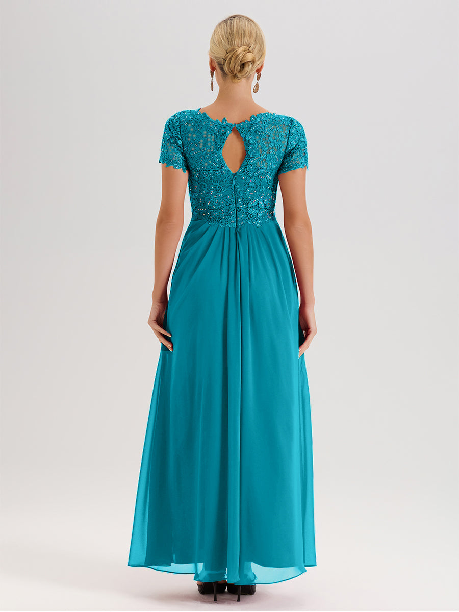 Cicinia Tenue Mère De La Mariée Très Chic Vert Jade Dentelle Et Mousseline Avec Mancherons Col V Fluide Trapèze