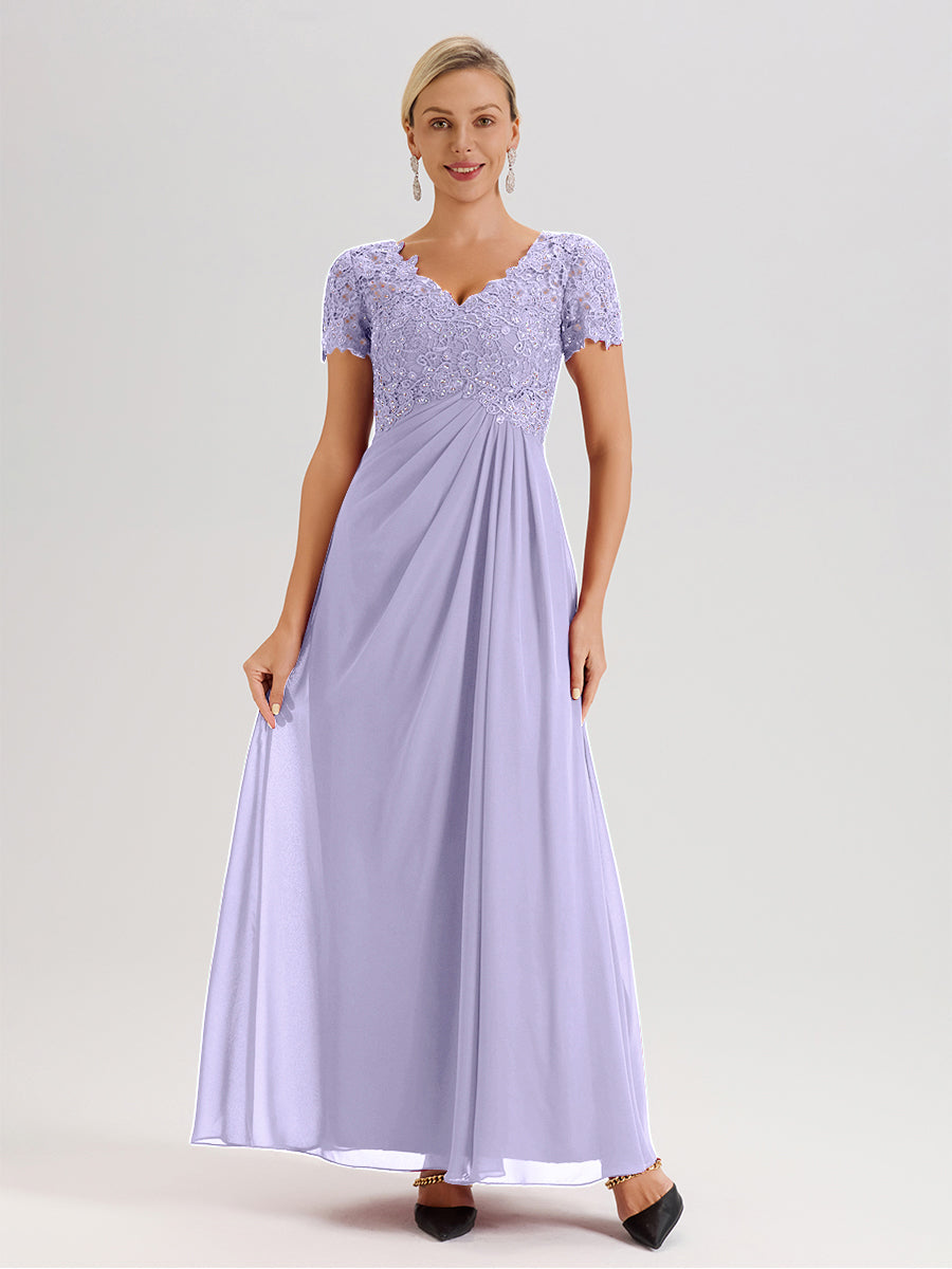 Cicinia Tenue Mère De La Mariée Très Chic Lilas Dentelle Et Mousseline Avec Mancherons Col V Fluide Trapèze