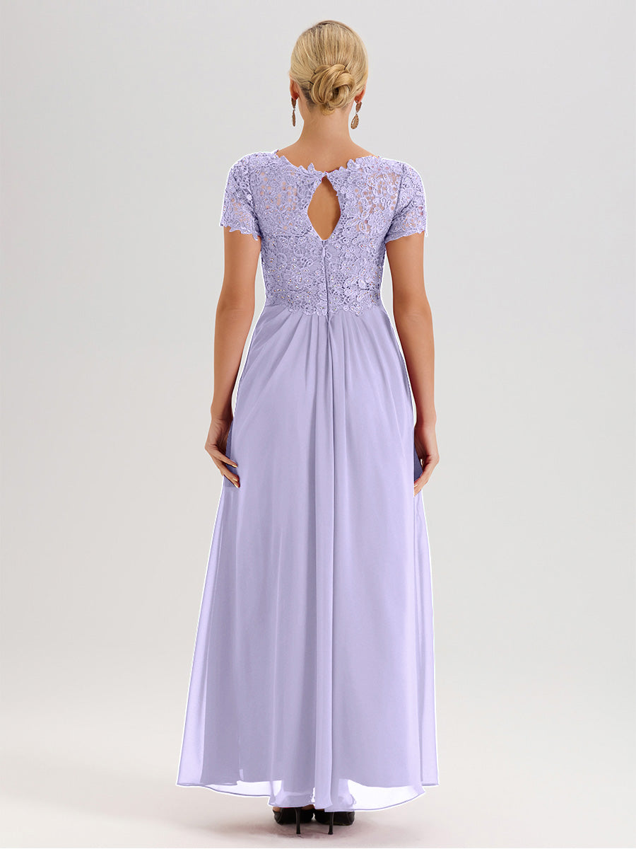 Cicinia Tenue Mère De La Mariée Très Chic Lilas Dentelle Et Mousseline Avec Mancherons Col V Fluide Trapèze