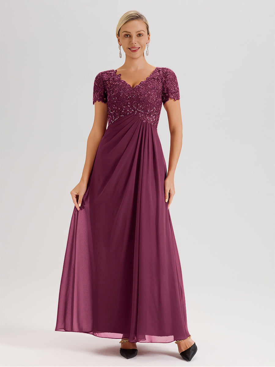 Cicinia Tenue Mère De La Mariée Très Chic Mûre Dentelle Et Mousseline Avec Mancherons Col V Fluide Trapèze