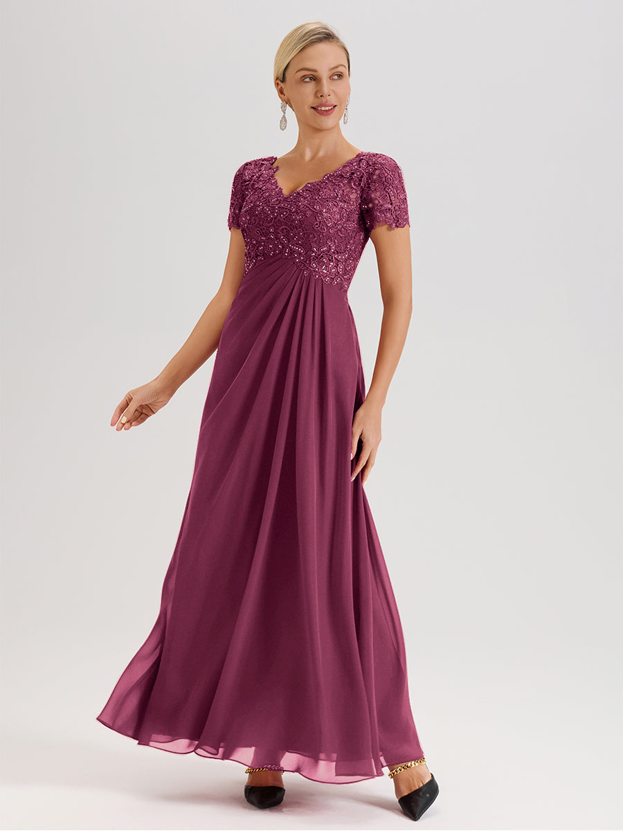 Cicinia Tenue Mère De La Mariée Très Chic Mûre Dentelle Et Mousseline Avec Mancherons Col V Fluide Trapèze