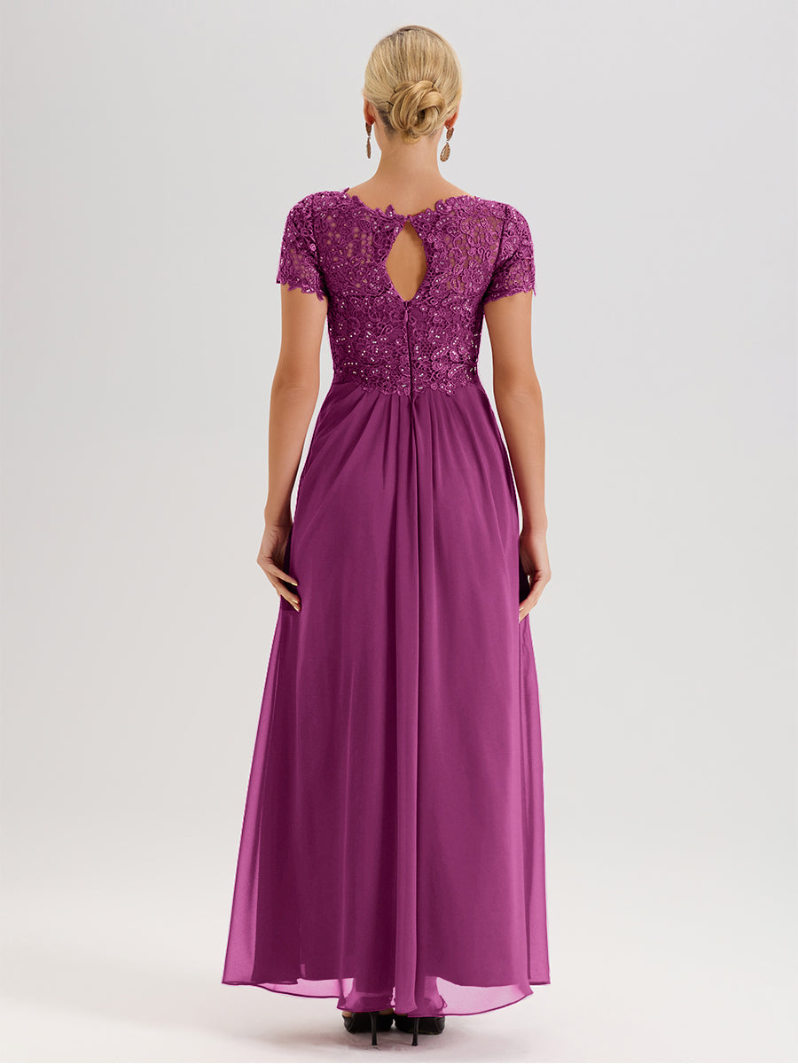 Cicinia Tenue Mère De La Mariée Très Chic Orchidée Dentelle Et Mousseline Avec Mancherons Col V Fluide Trapèze