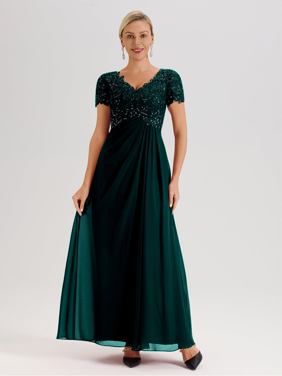 Cicinia Tenue Mère De La Mariée Très Chic Couleur Paon Dentelle Et Mousseline Avec Mancherons Col V Fluide Trapèze