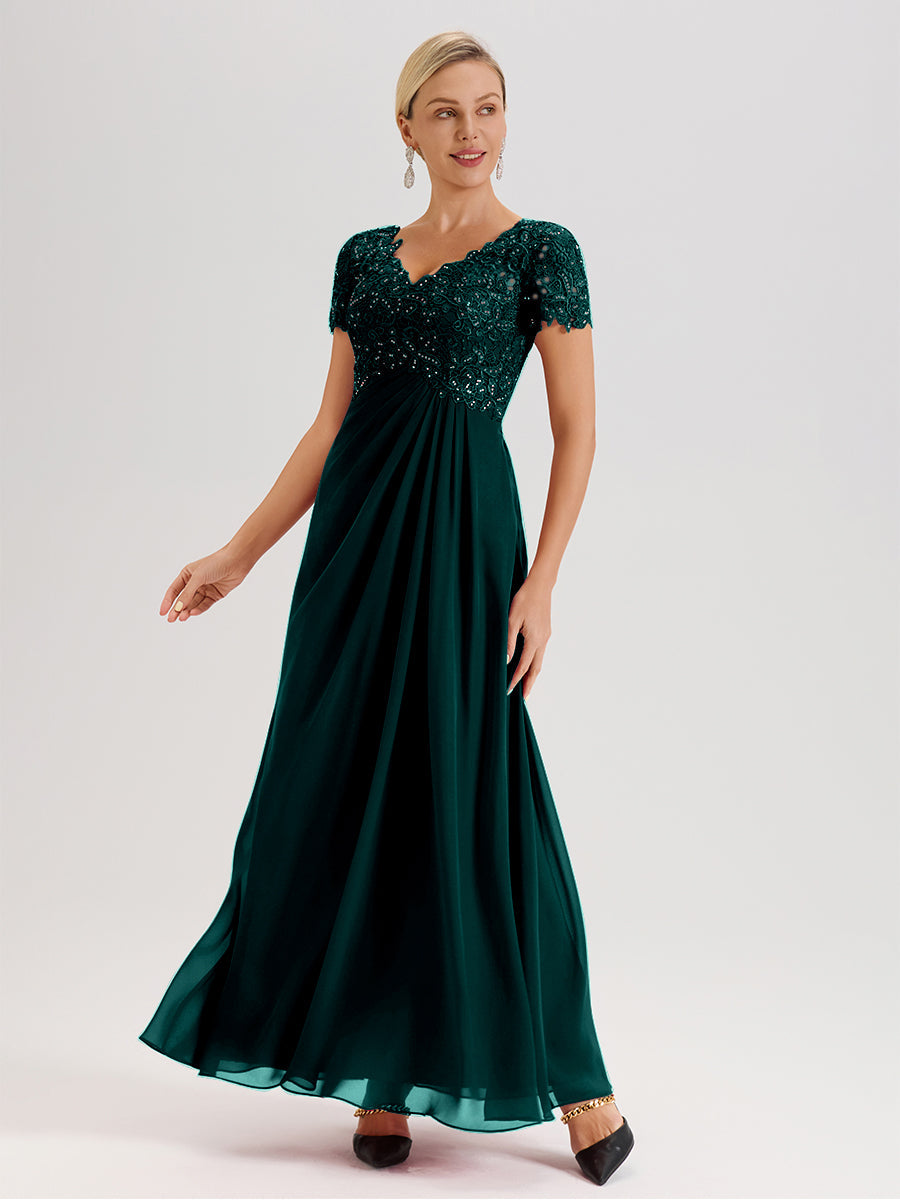 Cicinia Tenue Mère De La Mariée Très Chic Couleur Paon Dentelle Et Mousseline Avec Mancherons Col V Fluide Trapèze