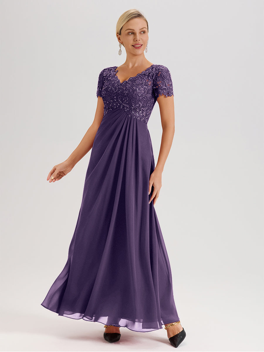 Cicinia Tenue Mère De La Mariée Très Chic En Plum Dentelle Et Mousseline Avec Mancherons Col V Fluide Trapèze