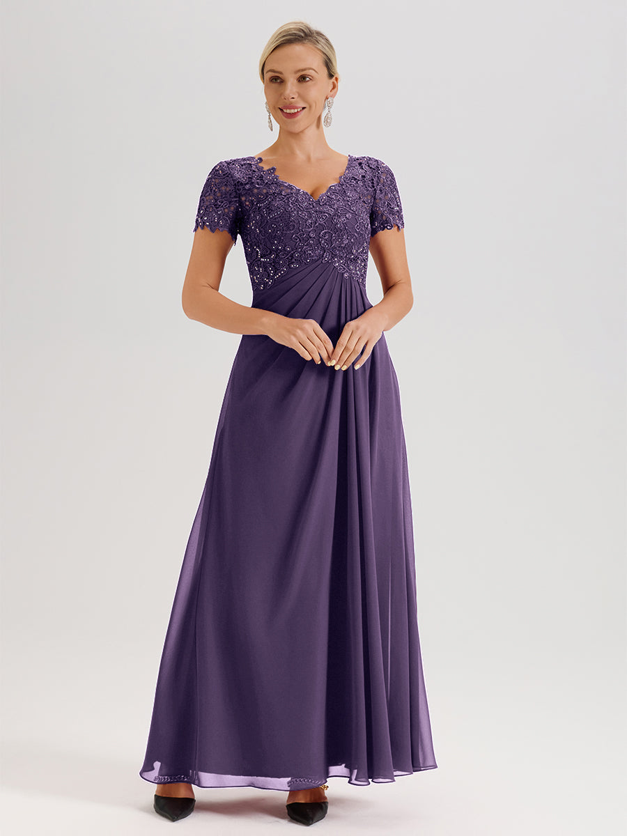 Cicinia Tenue Mère De La Mariée Très Chic En Plum Dentelle Et Mousseline Avec Mancherons Col V Fluide Trapèze