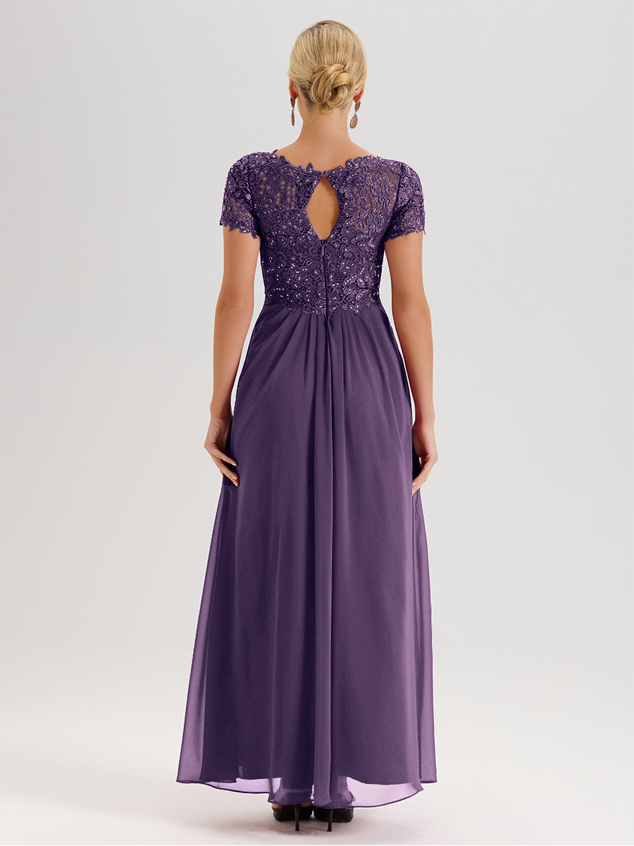 Cicinia Tenue Mère De La Mariée Très Chic En Plum Dentelle Et Mousseline Avec Mancherons Col V Fluide Trapèze