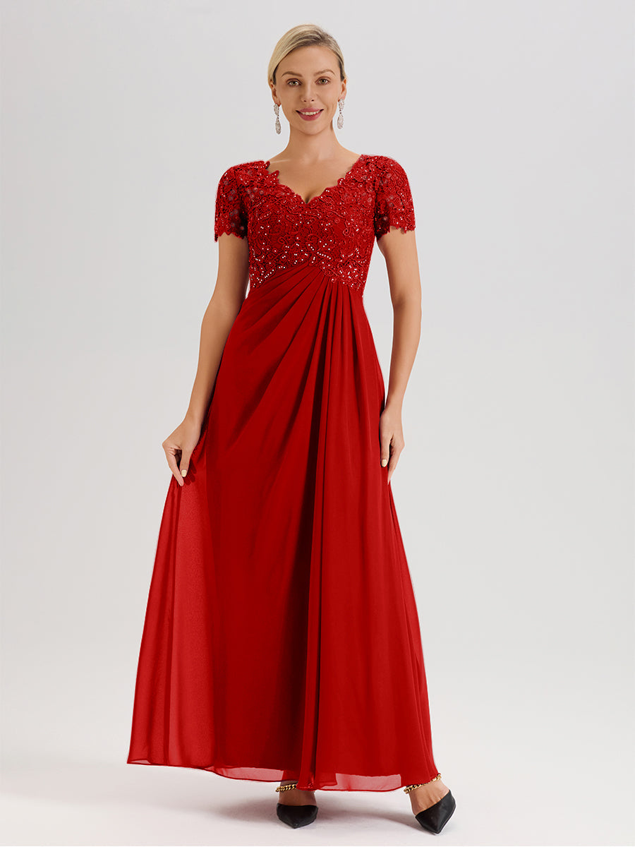 Cicinia Tenue Mère De La Mariée Très Chic Rouge Dentelle Et Mousseline Avec Mancherons Col V Fluide Trapèze
