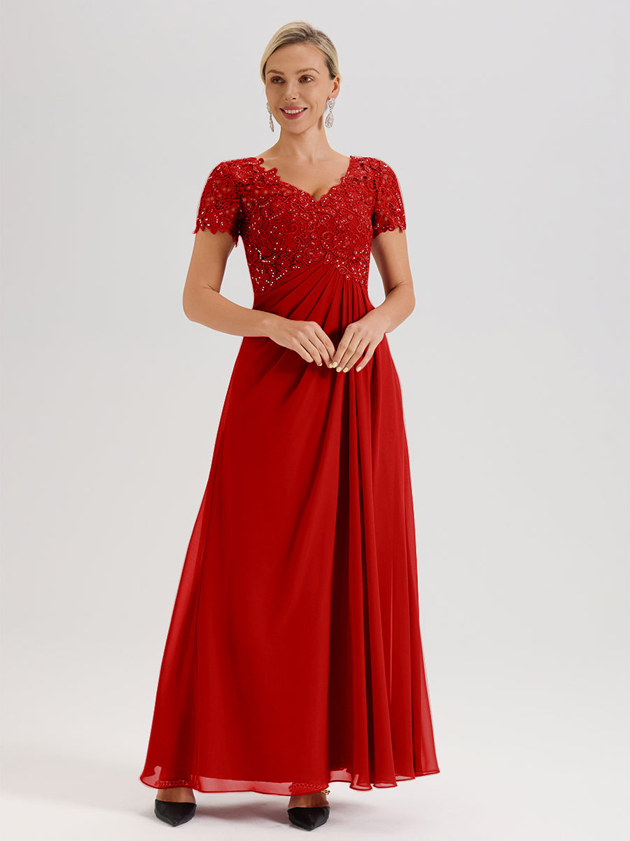 Cicinia Tenue Mère De La Mariée Très Chic Rouge Dentelle Et Mousseline Avec Mancherons Col V Fluide Trapèze