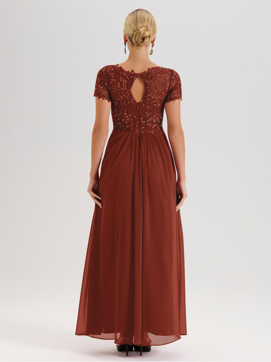 Cicinia Tenue Mère De La Mariée Très Chic Couleur Rouille Dentelle Et Mousseline Avec Mancherons Col V Fluide Trapèze
