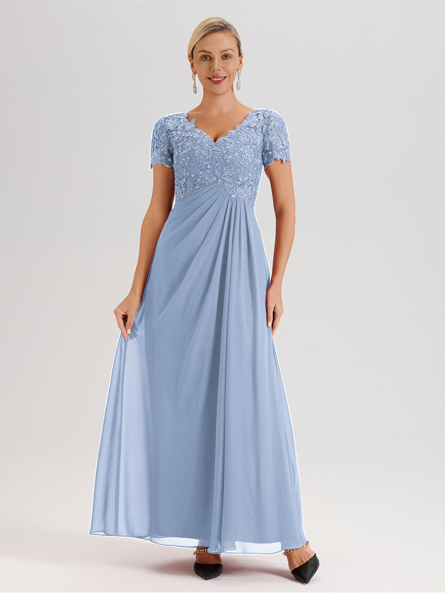 Cicinia Tenue Mère De La Mariée Très Chic Bleu Ciel Dentelle Et Mousseline Avec Mancherons Col V Fluide Trapèze