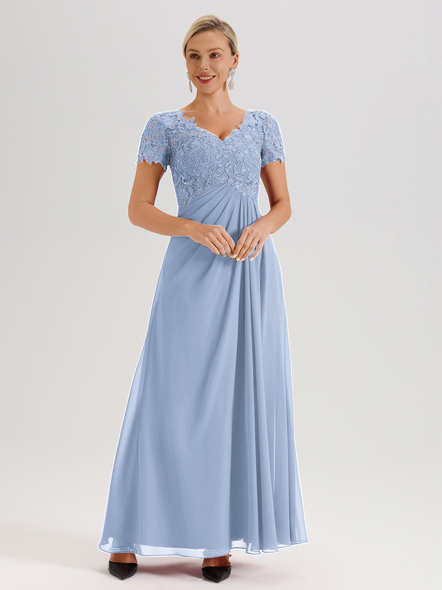 Cicinia Tenue Mère De La Mariée Très Chic Bleu Ciel Dentelle Et Mousseline Avec Mancherons Col V Fluide Trapèze
