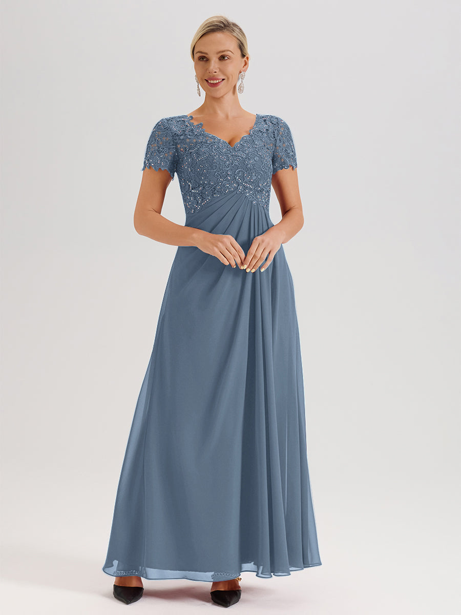Cicinia Tenue Mère De La Mariée Très Chic Bleu De Schiste Dentelle Et Mousseline Avec Mancherons Col V Fluide Trapèze
