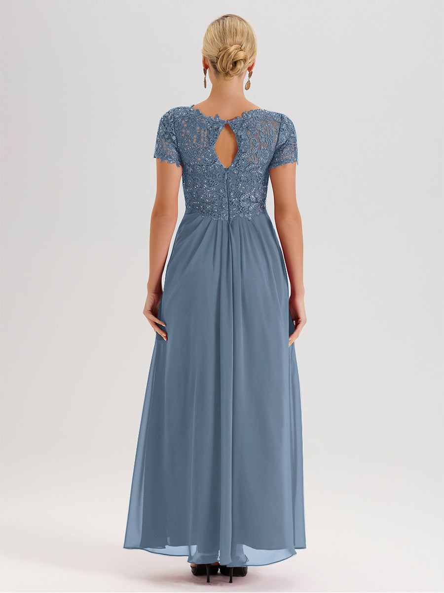 Cicinia Tenue Mère De La Mariée Très Chic Bleu De Schiste Dentelle Et Mousseline Avec Mancherons Col V Fluide Trapèze