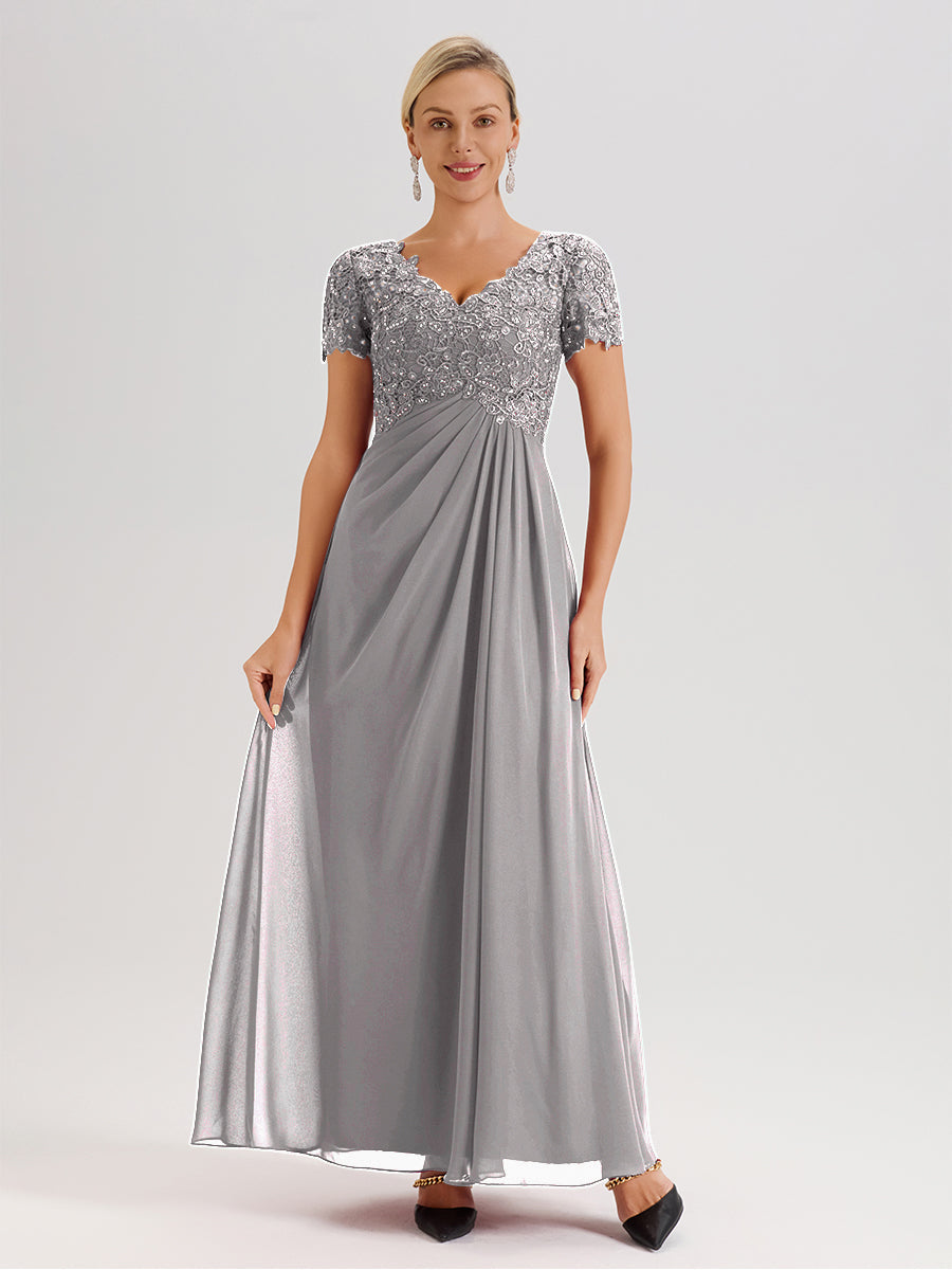 Cicinia Tenue Mère De La Mariée Très Chic Argenté Dentelle Et Mousseline Avec Mancherons Col V Fluide Trapèze