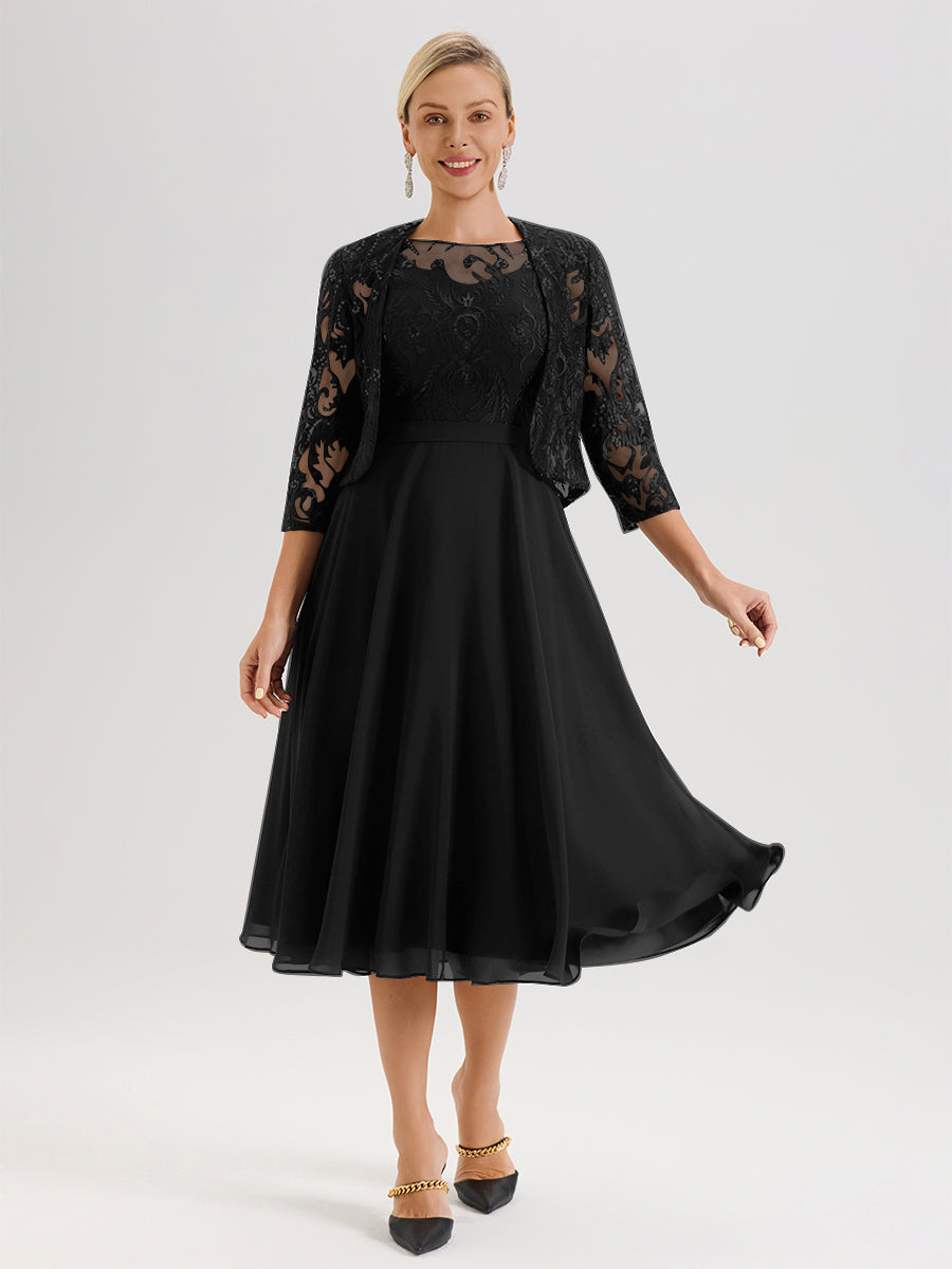 Cicinia Robe Deux-Pièces Mère De La Mariée Noir Trapèze Mousseline Dentelle Col Rond Manche 3/4 Longueur Mi-Mollet