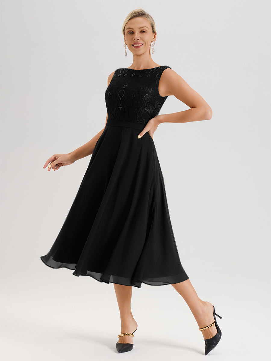 Cicinia Robe Deux-Pièces Mère De La Mariée Noir Trapèze Mousseline Dentelle Col Rond Manche 3/4 Longueur Mi-Mollet