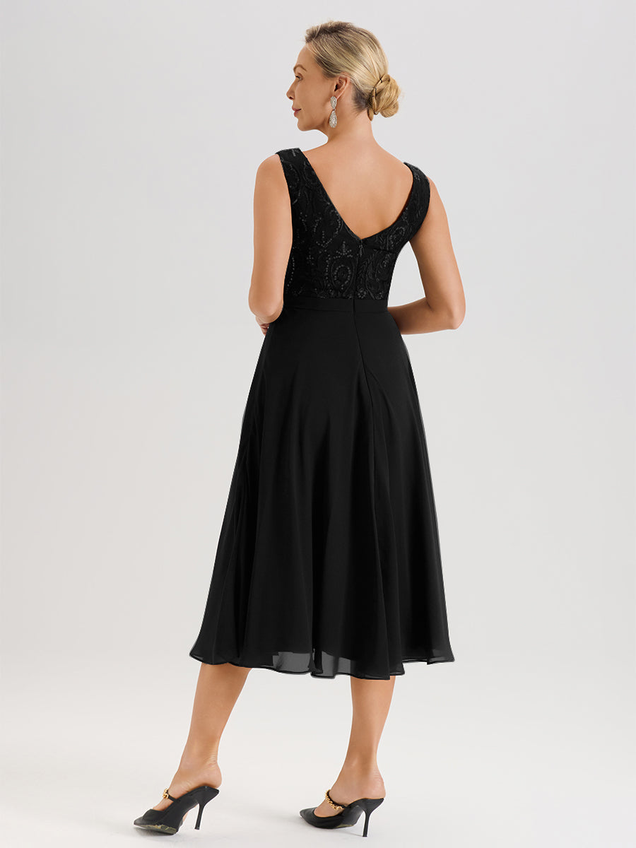 Cicinia Robe Deux-Pièces Mère De La Mariée Noir Trapèze Mousseline Dentelle Col Rond Manche 3/4 Longueur Mi-Mollet
