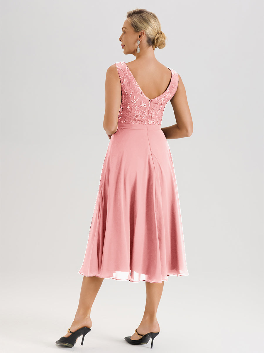 Cicinia Robe Deux-Pièces Mère De La Mariée En Rose Trapèze Mousseline Dentelle Col Rond Manche 3/4 Longueur Mi-Mollet