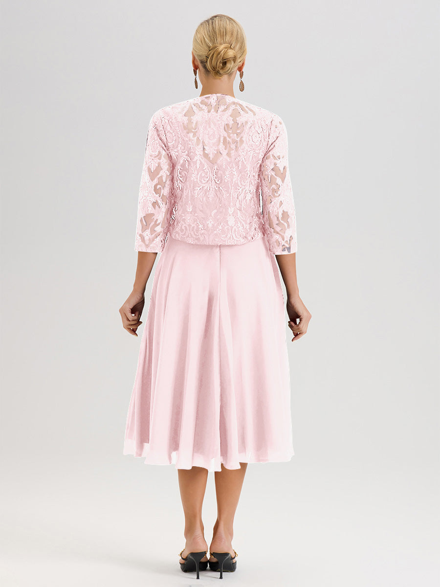 Cicinia Robe Deux-Pièces Mère De La Mariée Rose Pale Trapèze Mousseline Dentelle Col Rond Manche 3/4 Longueur Mi-Mollet
