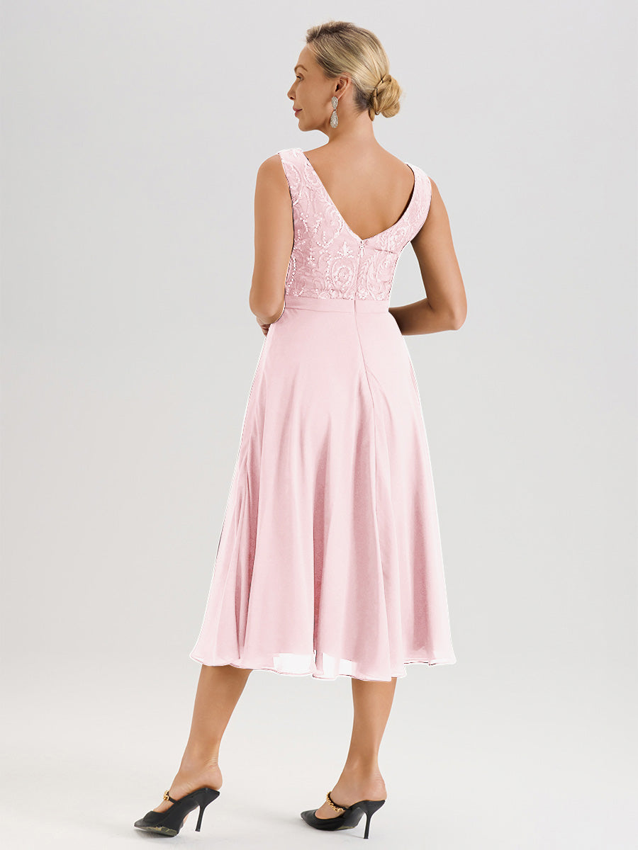 Cicinia Robe Deux-Pièces Mère De La Mariée Rose Pale Trapèze Mousseline Dentelle Col Rond Manche 3/4 Longueur Mi-Mollet
