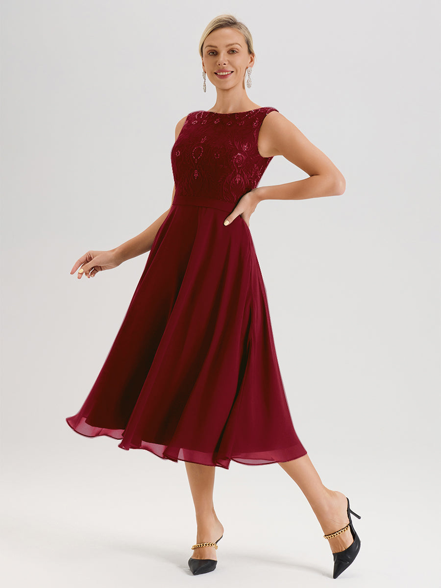 Cicinia Robe Deux-Pièces Mère De La Mariée Rouge Bordeaux Trapèze Mousseline Dentelle Col Rond Manche 3/4 Longueur Mi-Mollet