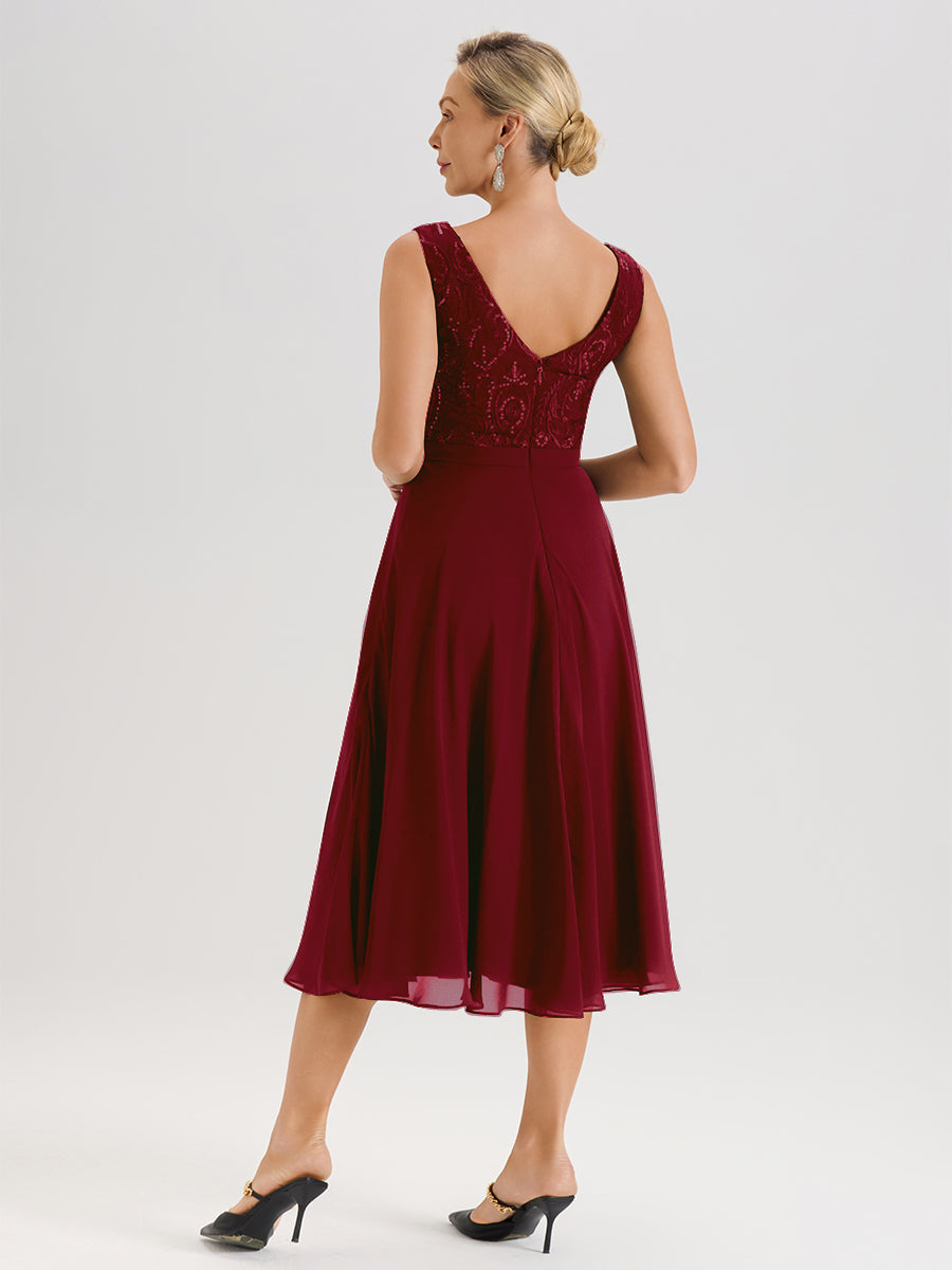 Cicinia Robe Deux-Pièces Mère De La Mariée Rouge Bordeaux Trapèze Mousseline Dentelle Col Rond Manche 3/4 Longueur Mi-Mollet