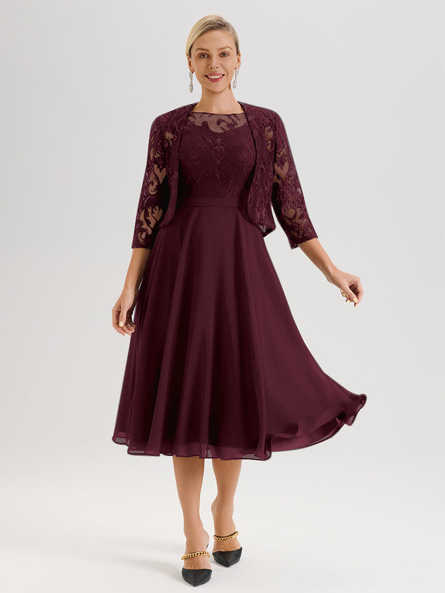 Cicinia Robe Deux-Pièces Mère De La Mariée Cabernet Trapèze Mousseline Dentelle Col Rond Manche 3/4 Longueur Mi-Mollet