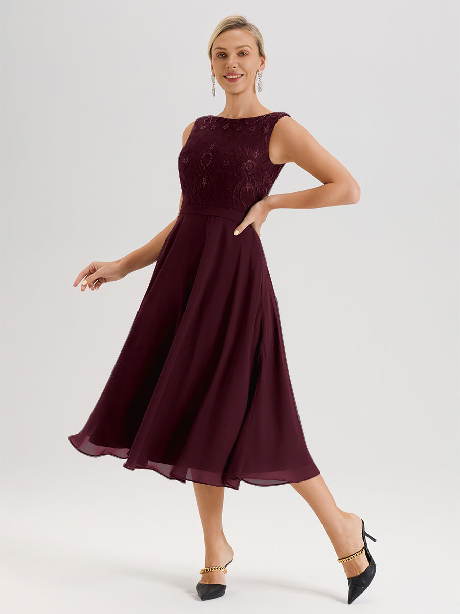 Cicinia Robe Deux-Pièces Mère De La Mariée Cabernet Trapèze Mousseline Dentelle Col Rond Manche 3/4 Longueur Mi-Mollet