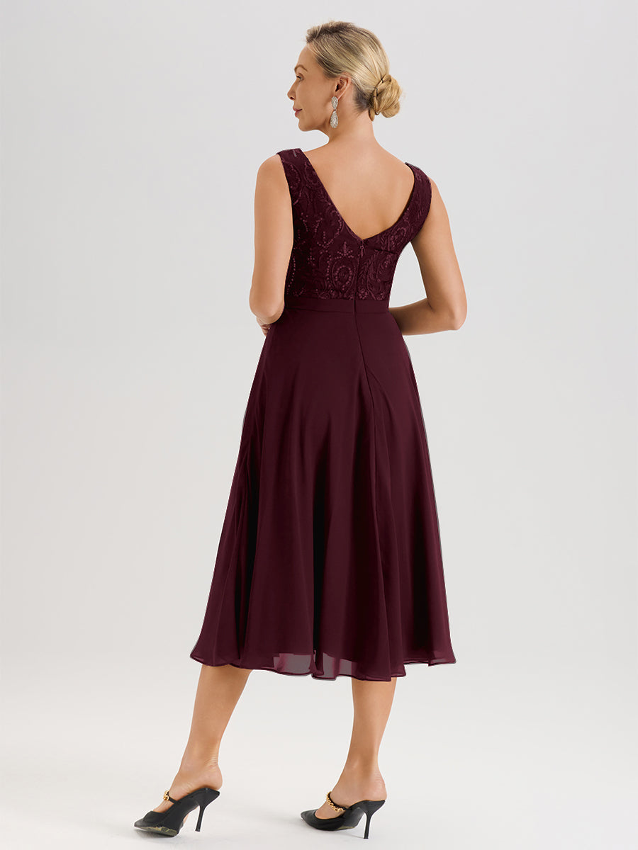 Cicinia Robe Deux-Pièces Mère De La Mariée Cabernet Trapèze Mousseline Dentelle Col Rond Manche 3/4 Longueur Mi-Mollet
