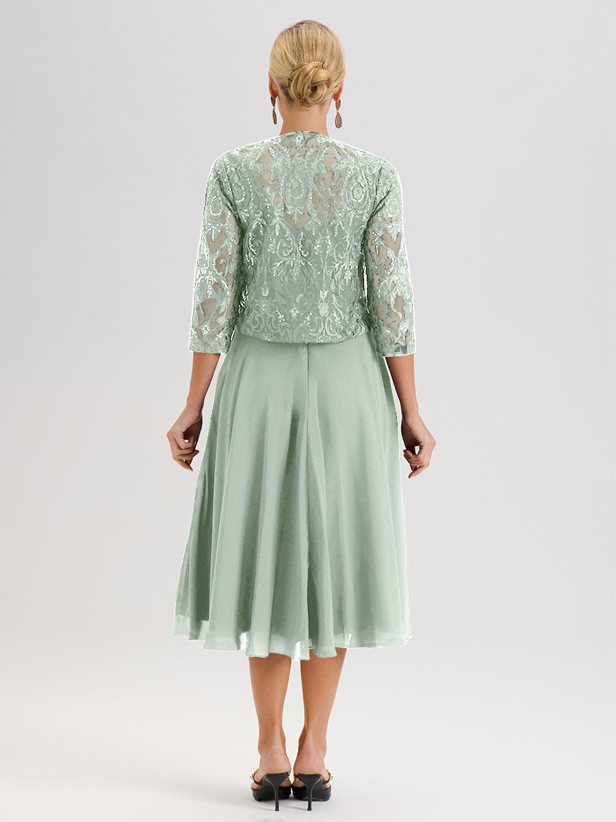 Cicinia Robe Deux-Pièces Mère De La Mariée Celadon Trapèze Mousseline Dentelle Col Rond Manche 3/4 Longueur Mi-Mollet