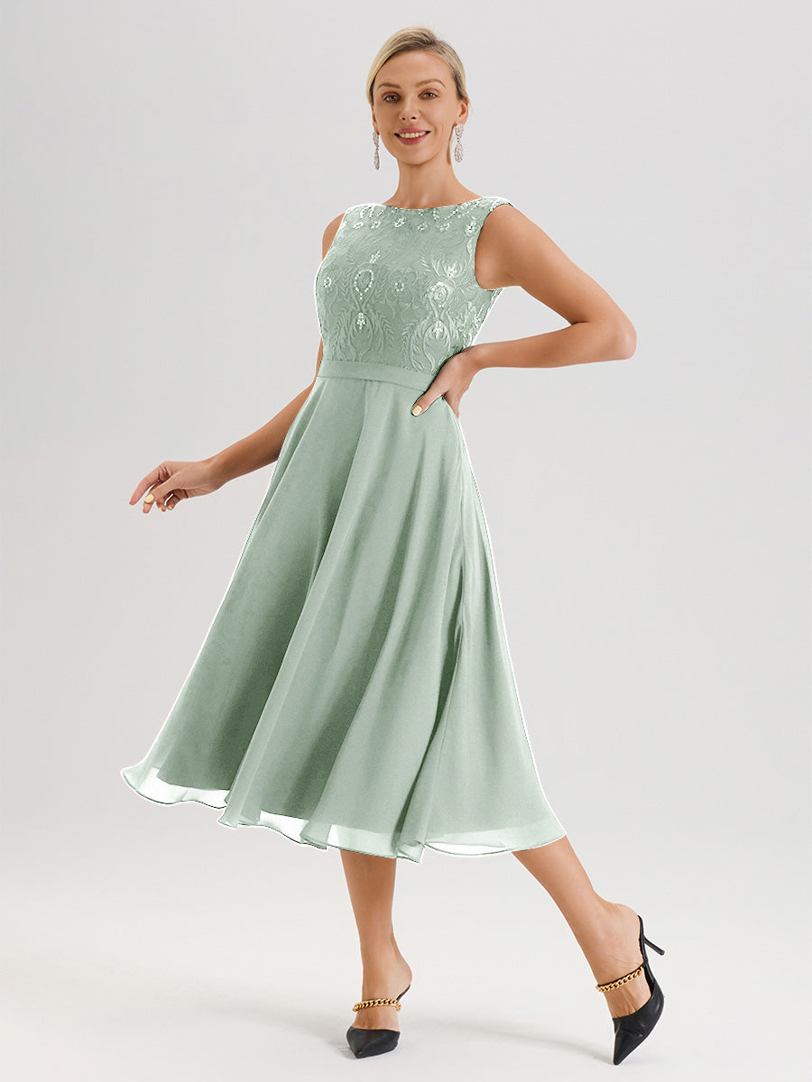 Cicinia Robe Deux-Pièces Mère De La Mariée Celadon Trapèze Mousseline Dentelle Col Rond Manche 3/4 Longueur Mi-Mollet