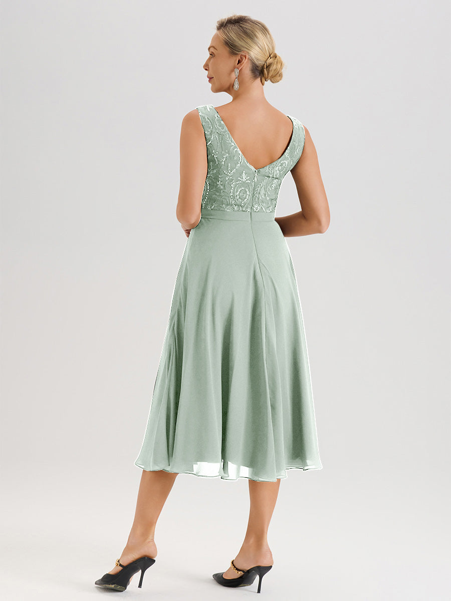 Cicinia Robe Deux-Pièces Mère De La Mariée Celadon Trapèze Mousseline Dentelle Col Rond Manche 3/4 Longueur Mi-Mollet
