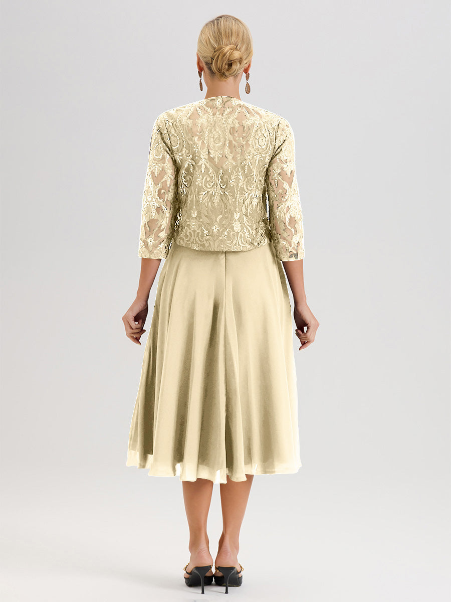 Cicinia Robe Deux-Pièces Mère De La Mariée Champagne Trapèze Mousseline Dentelle Col Rond Manche 3/4 Longueur Mi-Mollet