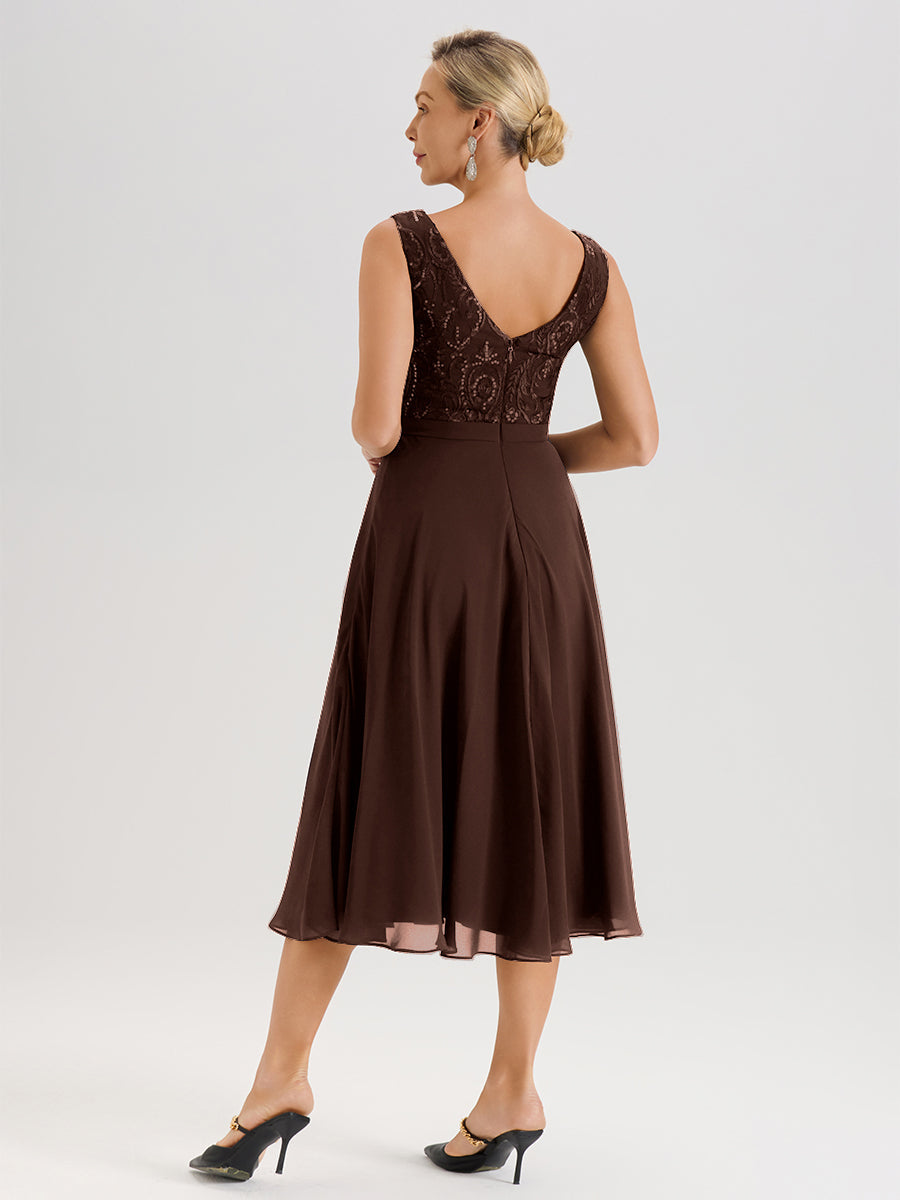 Cicinia Robe Deux-Pièces Mère De La Mariée Chocolat Trapèze Mousseline Dentelle Col Rond Manche 3/4 Longueur Mi-Mollet