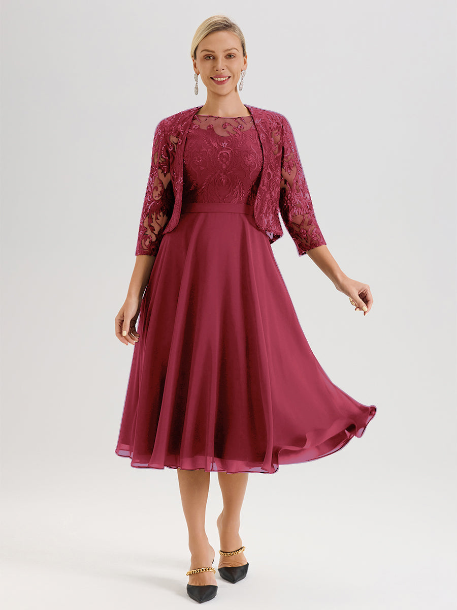 Cicinia Robe Deux-Pièces Mère De La Mariée Rose Cannelle Trapèze Mousseline Dentelle Col Rond Manche 3/4 Longueur Mi-Mollet