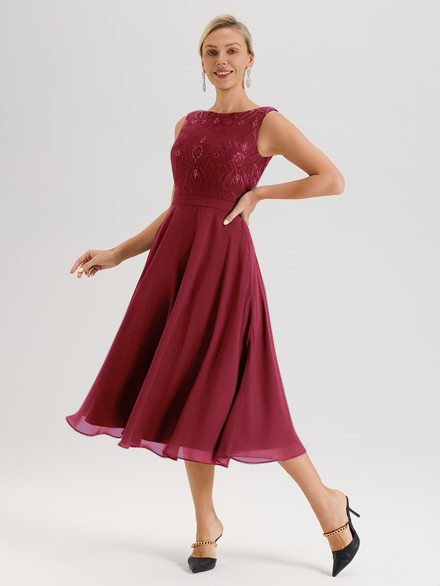 Cicinia Robe Deux-Pièces Mère De La Mariée Rose Cannelle Trapèze Mousseline Dentelle Col Rond Manche 3/4 Longueur Mi-Mollet