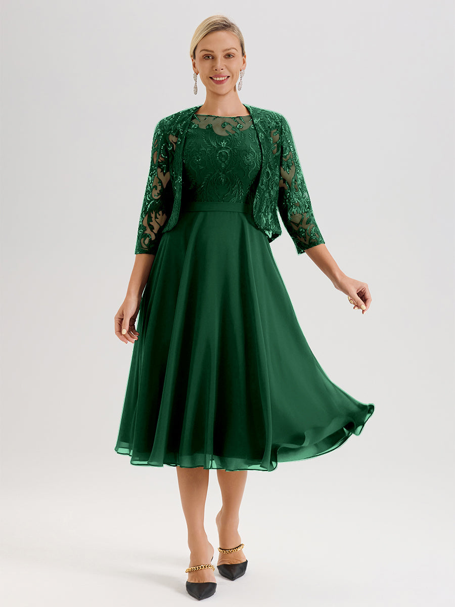 Cicinia Robe Deux-Pièces Mère De La Mariée Vert Foncé Trapèze Mousseline Dentelle Col Rond Manche 3/4 Longueur Mi-Mollet
